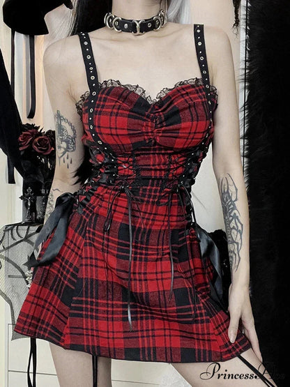 Red Plaid Street Goth Fairy Grunge Y2K Pleated Lace-Up Tube Lolita Eyelet Corset Mini Dress Red / S