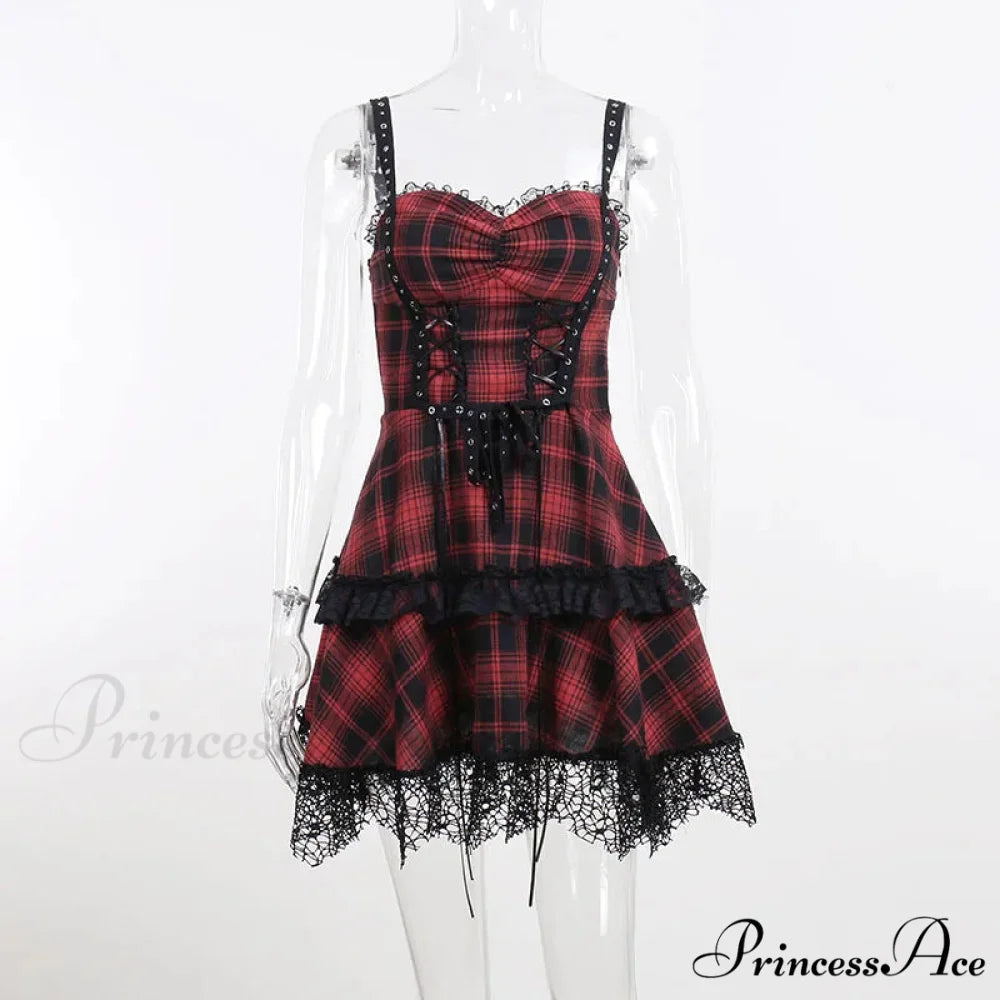Red Plaid Street Goth Fairy Grunge Y2K Pleated Lace-up Tube Lolita Partywear Eyelet Corset Dress Red / S