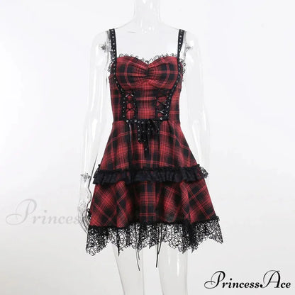 Red Plaid Street Goth Fairy Grunge Y2K Pleated Lace-up Tube Lolita Partywear Eyelet Corset Dress Red / S