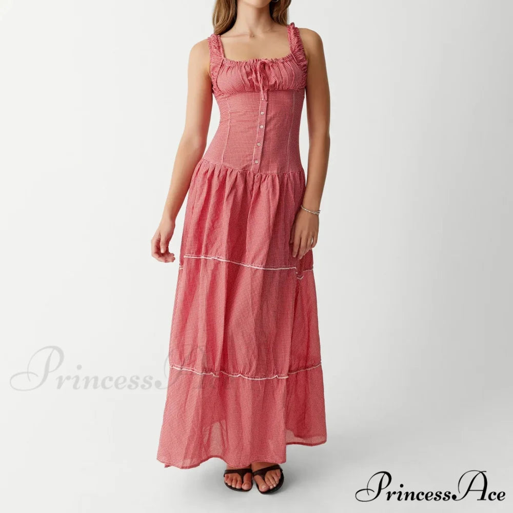Red Plaid Stylish Maxi Dress Red / S