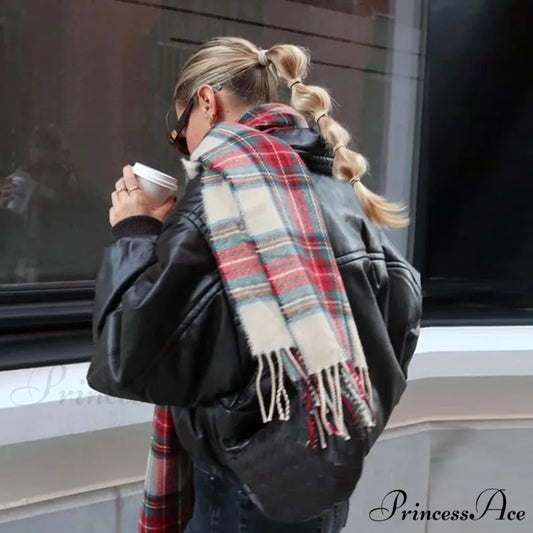Red Plaid Vintage Classic Scarf for Women Red Plaid / 190X65cm