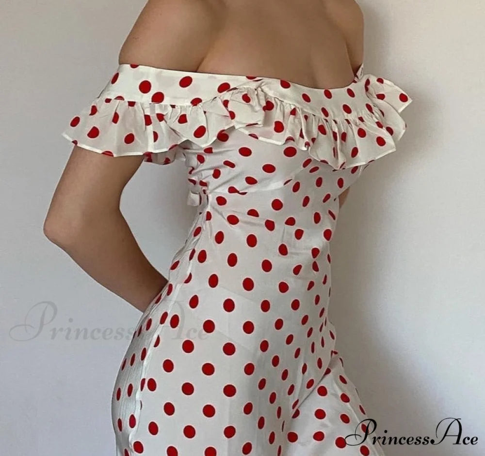 Red Polka Dot Charming Off Shoulder Maxi Dress