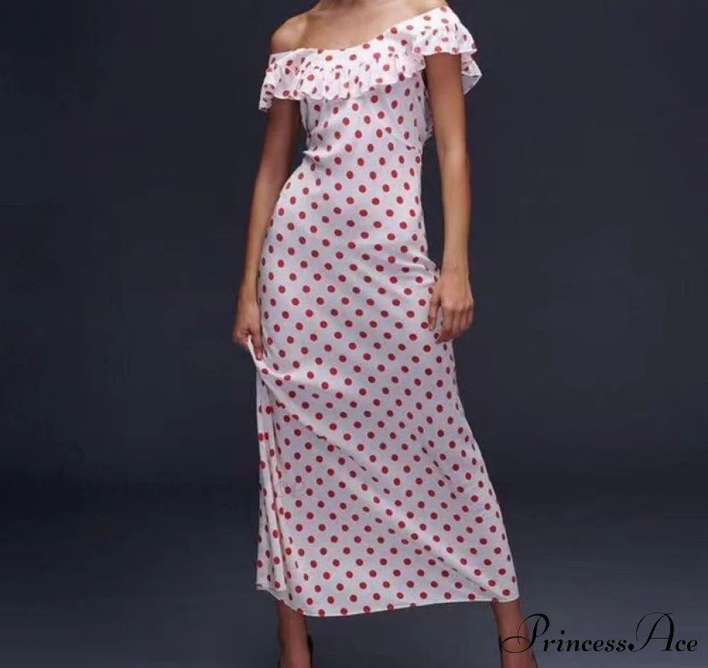 Red Polka Dot Charming Off Shoulder Maxi Dress S
