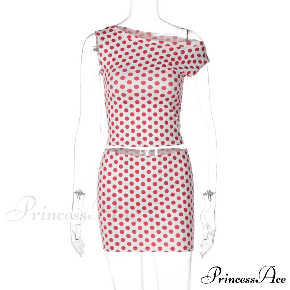 Red Polka Dot Top Graceful And Mini Skirt Set Rose Pink / L