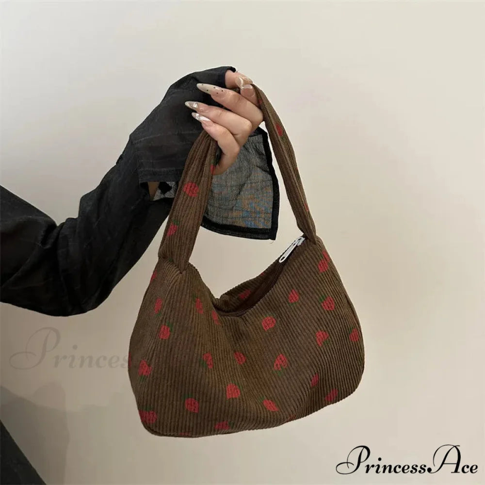 Red Print Corduroy Small Tote Handbag handbag-250126
