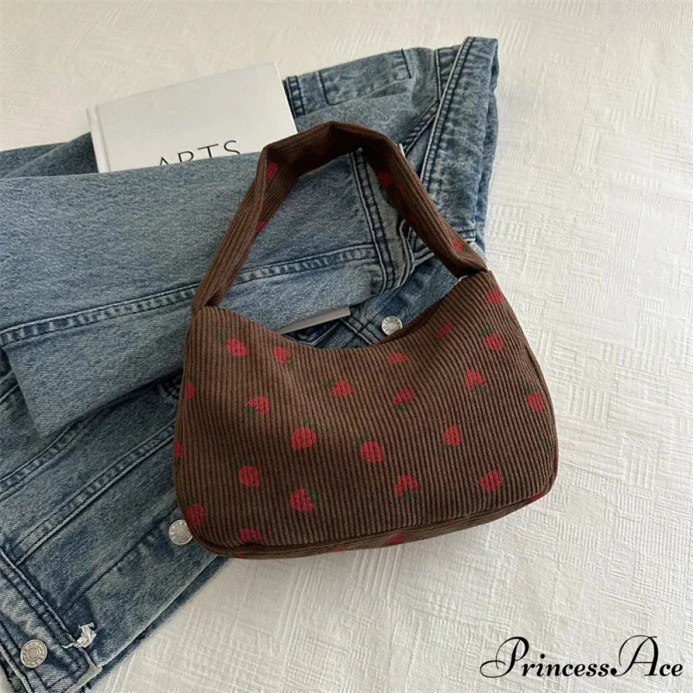Red Print Corduroy Small Tote Handbag Coffee handbag-250126