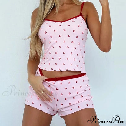 Red Print Sleeveless V Neck Cami Crop Top Shorts Two Pieces Set Pink / S twopiecesset-250126