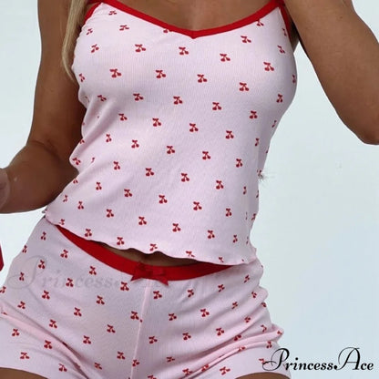 Red Print Sleeveless V Neck Cami Crop Top Shorts Two Pieces Set twopiecesset-250126