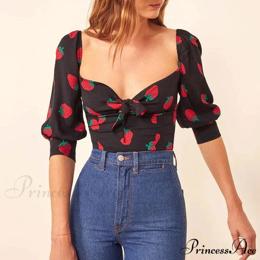 Red Print Sweetheart Neck Slim Gathered Puff Blouse Black / S croptop-250126