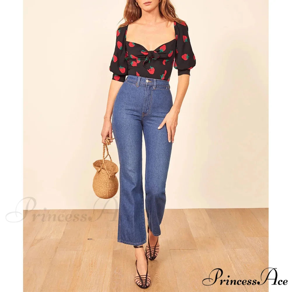 Red Print Sweetheart Neck Slim Gathered Puff Blouse croptop-250126