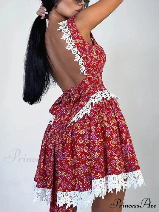 Red Printed Stylish Backless Mini Dress