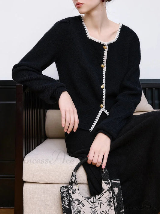 Red Retro Style Contrast Color Cardigan Black / XS