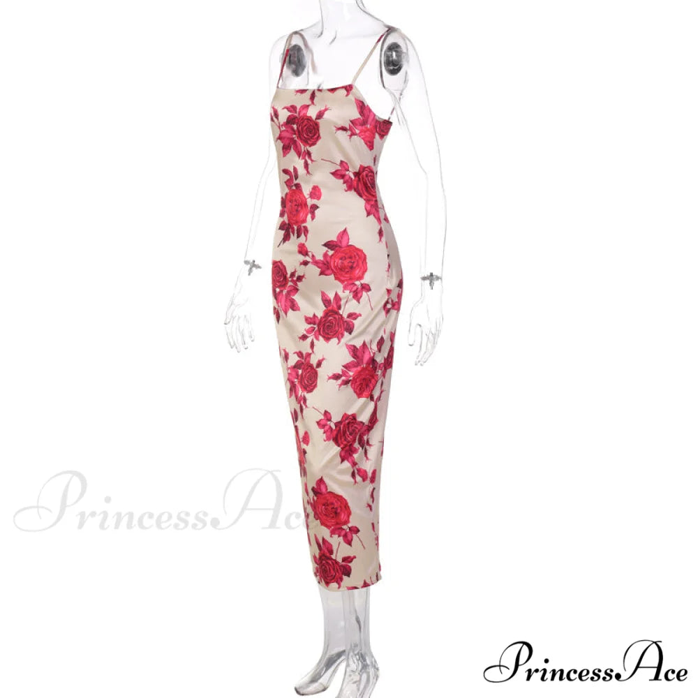 Red Rose Print Charming Satin Midi Dress
