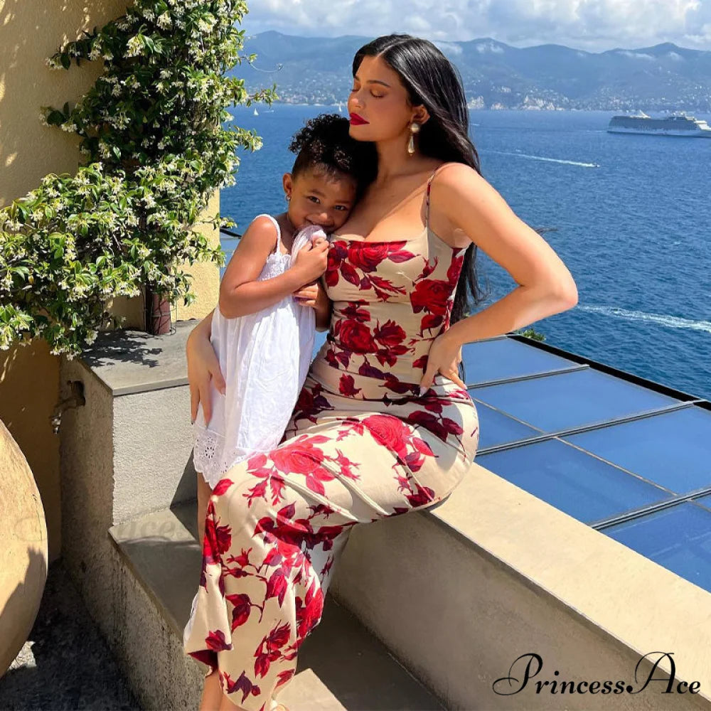 Red Rose Print Charming Satin Midi Dress