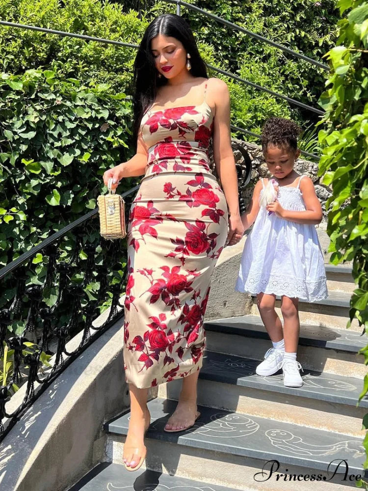 Red Rose Print Charming Satin Midi Dress S