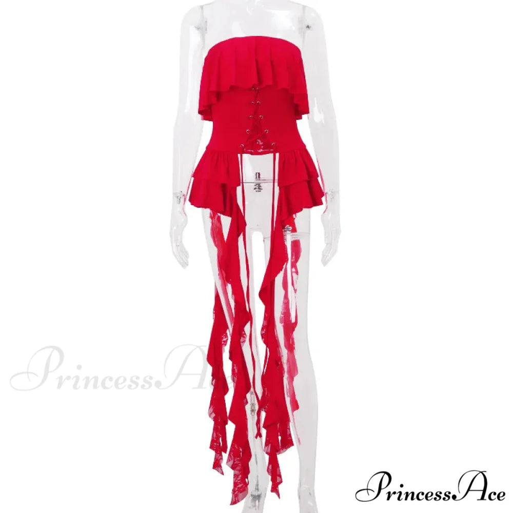 Red Ruffled Lace Charming Up Tube Top Red / L