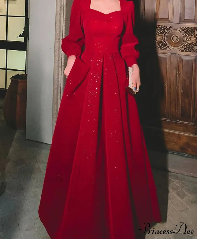 Red Sequined Midi Party Dress