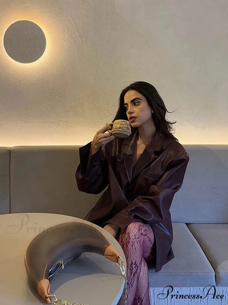 Red Single Buttoned Faux Leather Jacket coats-241228