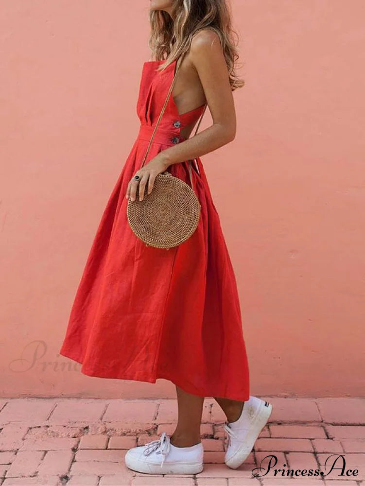 Red Sleeveless Midi Dress