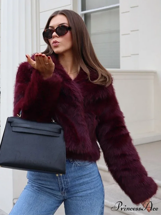 Red Soft Fold-over Collar Coat Wine red / S coats-241228