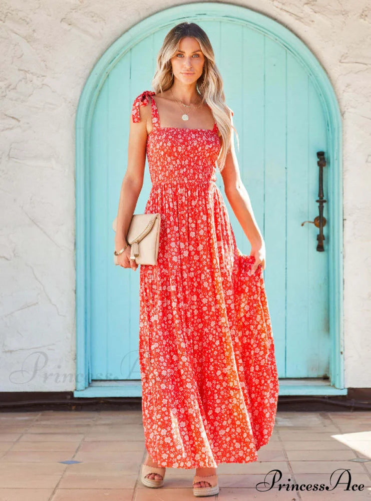 Red Spaghetti Strap Tie Up High Waist Beach Dress with Slash Neck and Frills
