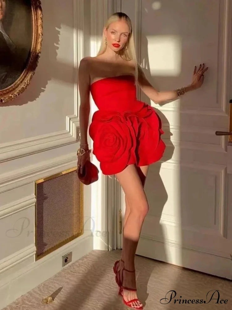 Red Strapless 3D Charming Big Flower Mini Dress