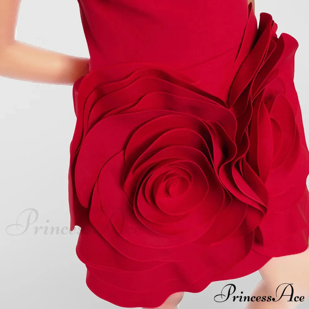 Red Strapless 3D Charming Big Flower Mini Dress