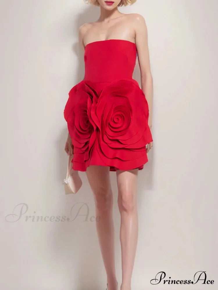 Red Strapless 3D Charming Big Flower Mini Dress