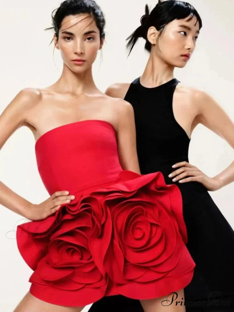 Red Strapless 3D Charming Big Flower Mini Dress