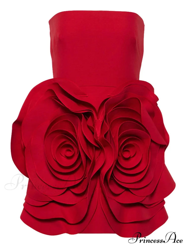 Red Strapless 3D Charming Big Flower Mini Dress Red / M