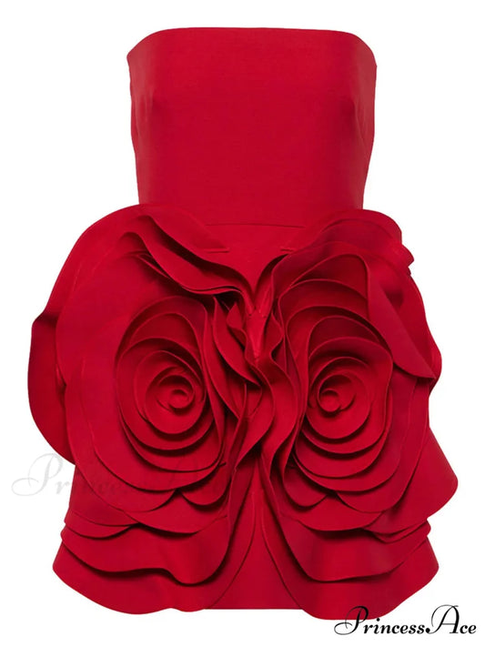 Red Strapless 3D Charming Big Flower Mini Dress Red / M