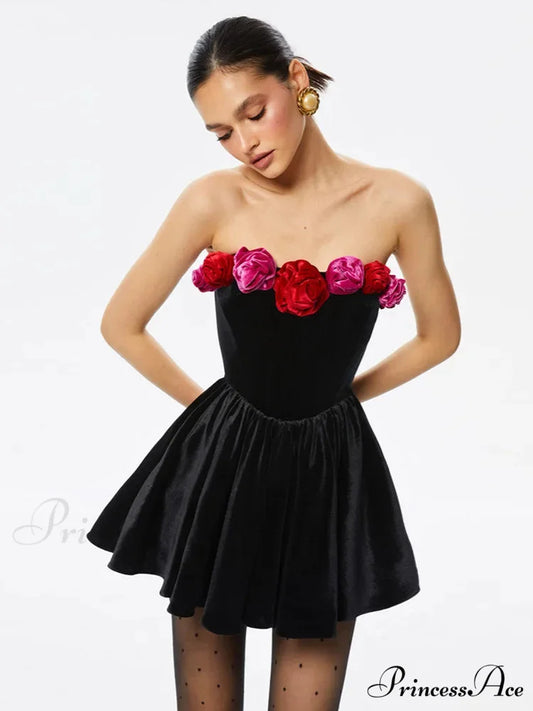 Red Strapless 3D Flower Mini Party Dress