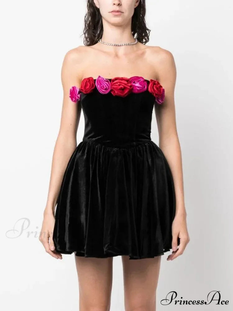 Red Strapless 3D Flower Mini Party Dress Black / XS