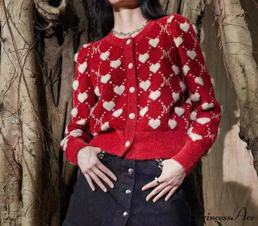 Red Vintage Argyle Jacquard Cardigan Red / One Size