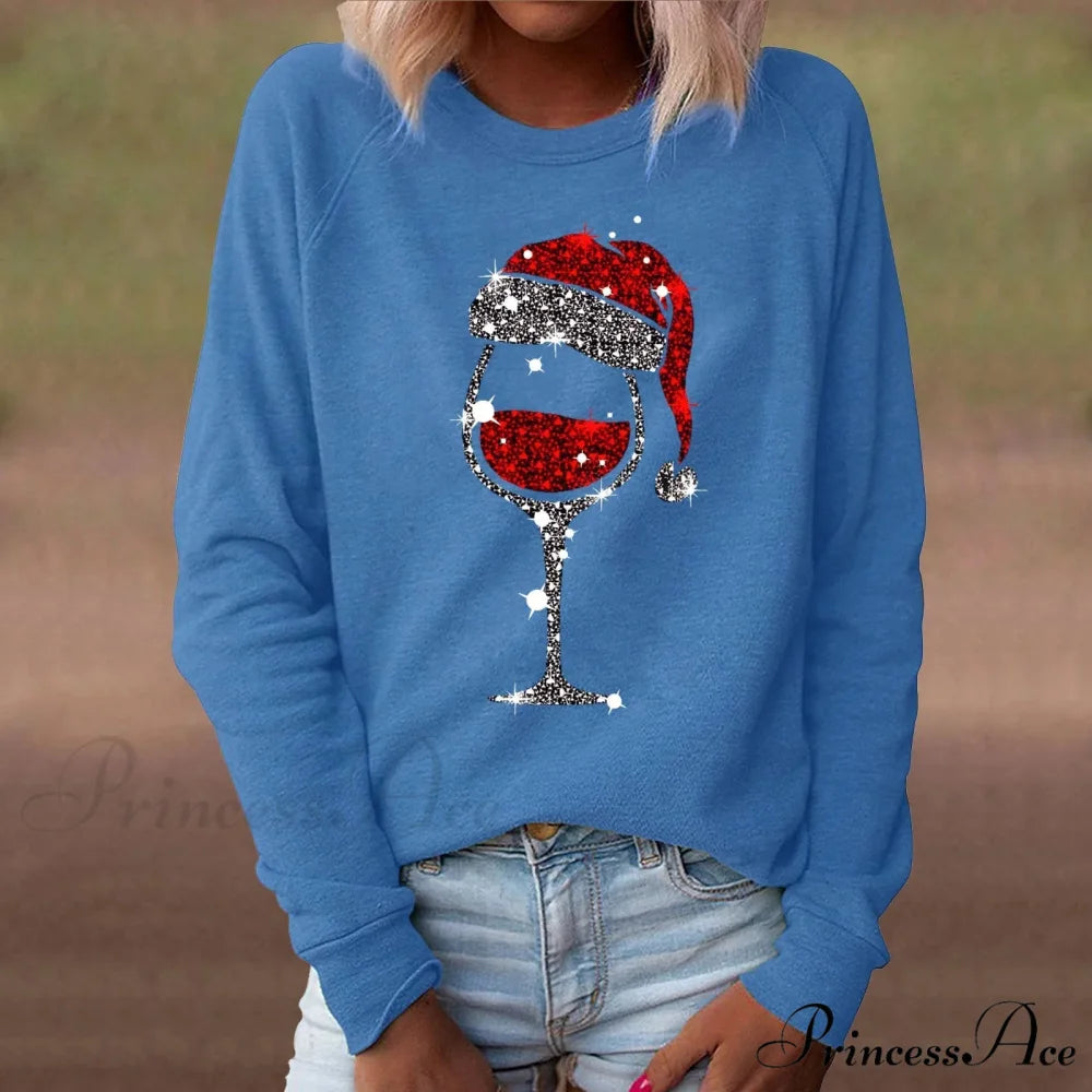 Red Wine Casual Round Neck Long Sleeve Christmas Hoodie Blue / S Christmas Hoodies-L