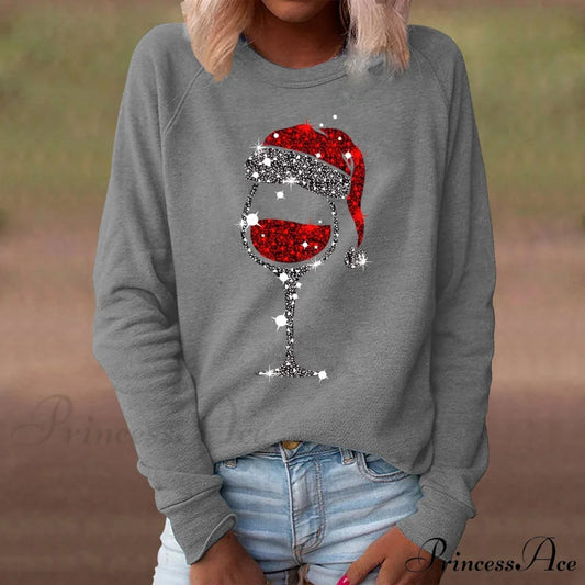 Red Wine Casual Round Neck Long Sleeve Christmas Hoodie Grey / S Christmas Hoodies-L
