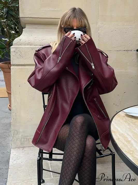 Red Zipper High Neck Leather Coat coats-241228