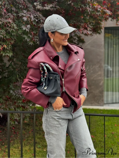 Red Zipper High Neck Leather Coat coats-241228
