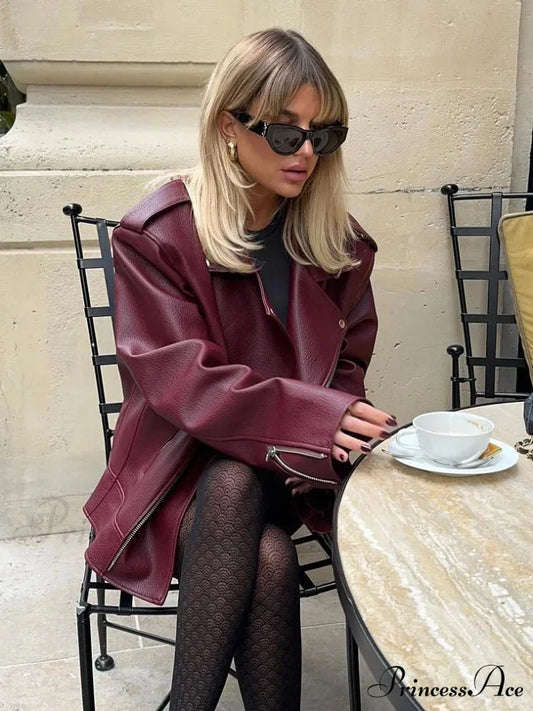 Red Zipper High Neck Leather Coat coats-241228