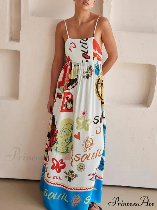 Refined Sensation Satin Charming Unique Print Maxi Dress White / S