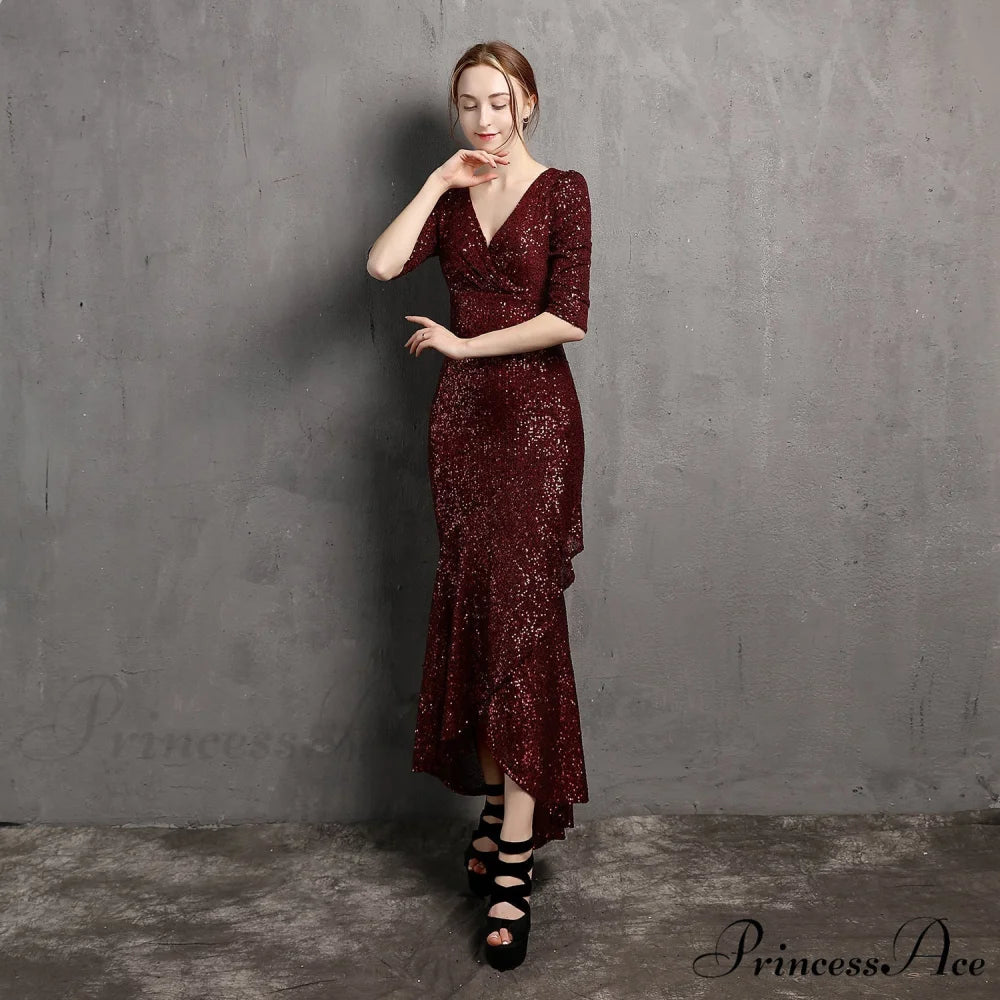 Rehami Sequin Stylish Mermaid Dress BURGUNDY / XS