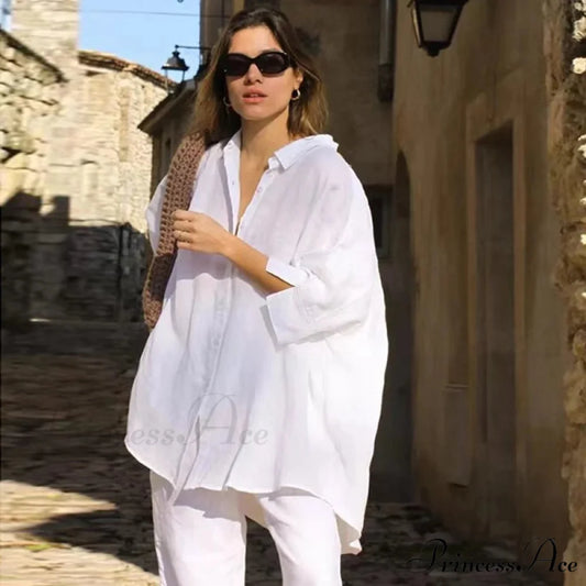 Relaxed Baggy Ivory Button-up Half Sleeve Blouse WHITE / M blouse-250126