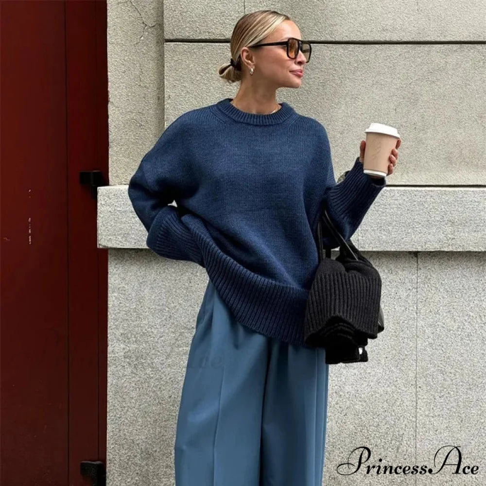 Relaxed O-neck Informal Urban Sweater Dark Blue / S swraters-241228