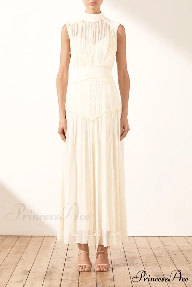 Remarkable Moment High Trendy Neck Maxi Dress White / S