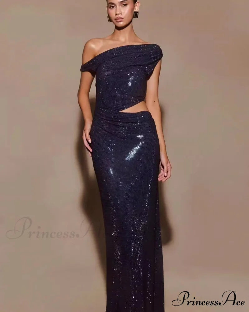 Remove Rhinestone Halter Slit Prom Dress blue / XS promdress-250223
