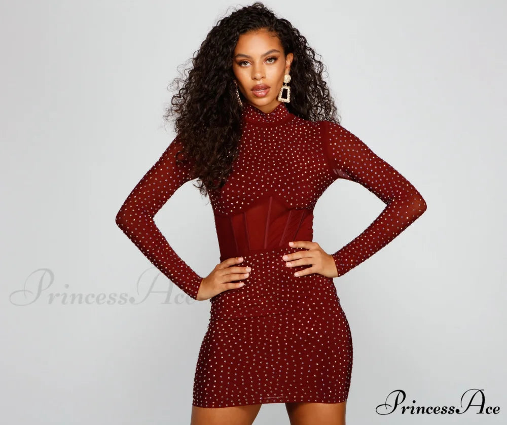 Renata Formal Heat Charming Stone Illusion Mini Dress BURGUNDY / XS