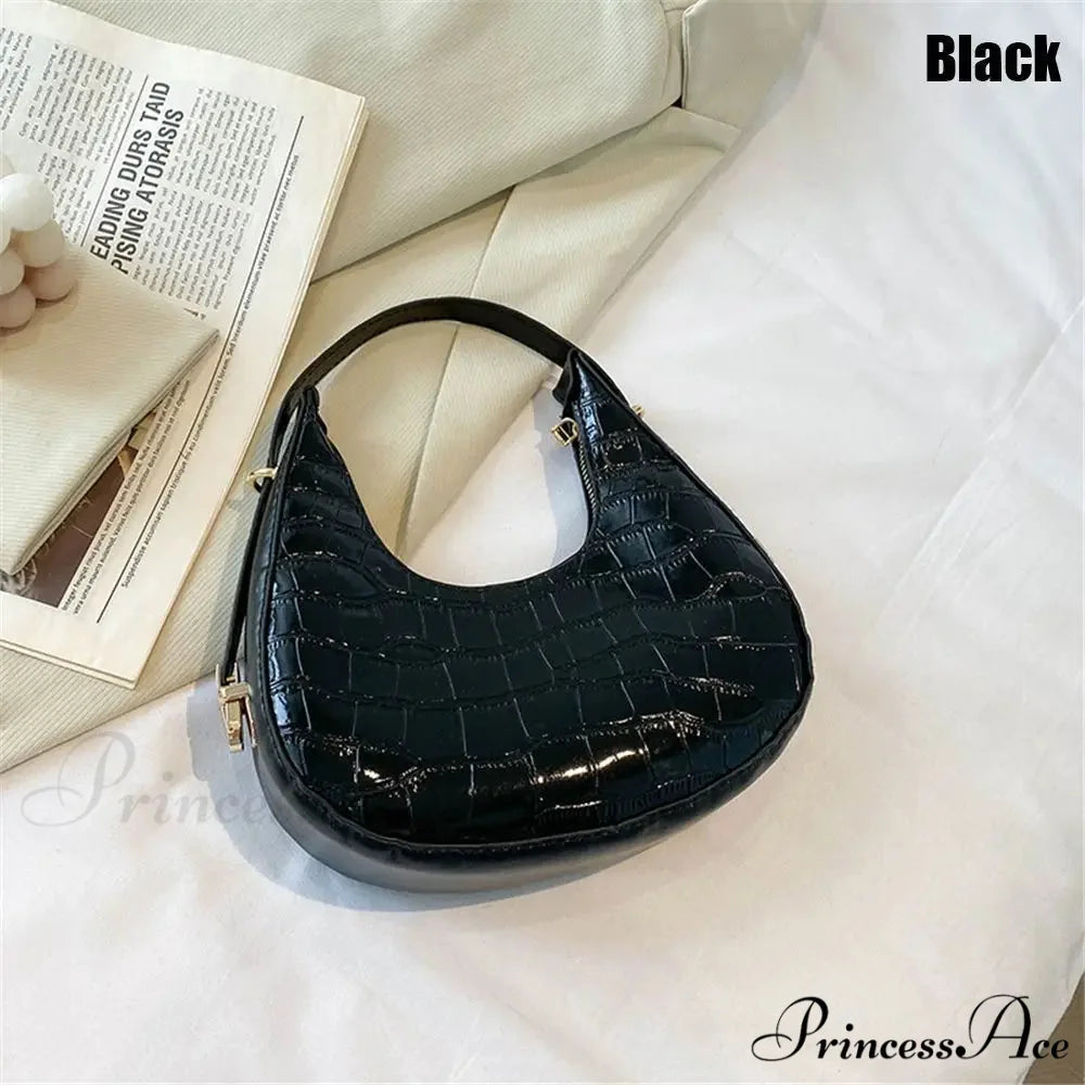 Reptile Texture Basic Faux Leather Shoulder Purse Black handbag-250126