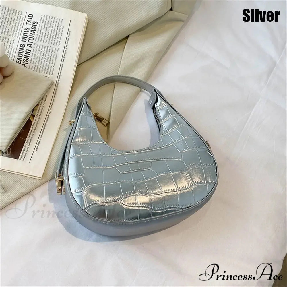 Reptile Texture Basic Faux Leather Shoulder Purse silver handbag-250126