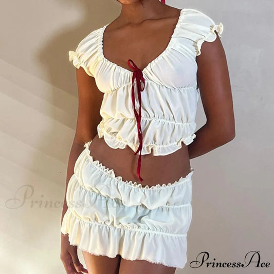 Retro 2 Piece Set Adorable Bow V Neck Gathered Crop Tops + Mini Pencil Fairycore Cottage T-shirt Y2K Kawaii Sweet