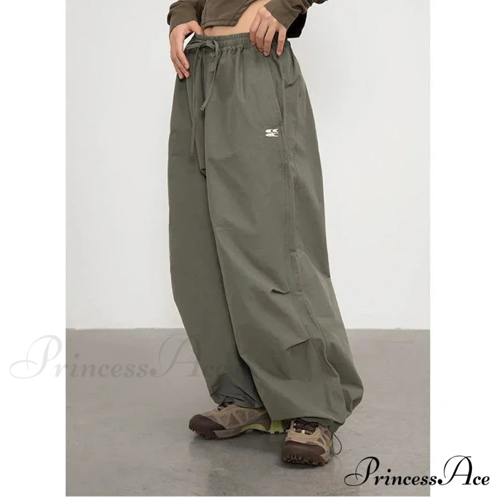 Retro 2000s Harajuku Parachute Trousers Green / M pants-241228
